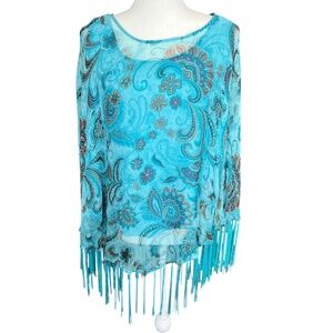 Vintage Y2K Turquoise and Brown Paisley Poncho Beaded Fringe